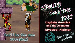 Iron Man from Captain America and the Avengers facing off against a Kabuki fighter from Mystical Fighter