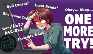 A frustrated women pondering advanced fighting game and difficult game concepts before thinking "One More Try!"