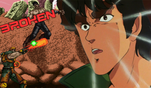Anime Kenshiro staring wide eyed at a 16-bit Raoh punching him