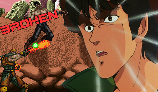 Anime Kenshiro staring wide eyed at a 16-bit Raoh punching him