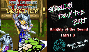 Lancelot from Knight of the Round posing with other knights, and Donatello lounging in a sun chair below him