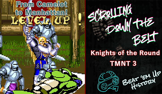 Lancelot from Knight of the Round posing with other knights, and Donatello lounging in a sun chair below him