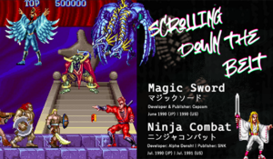 The main character and two allies from Magic Sword stand beside characters from Ninja Combat in confusion