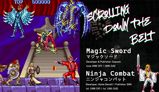 The main character and two allies from Magic Sword stand beside characters from Ninja Combat in confusion