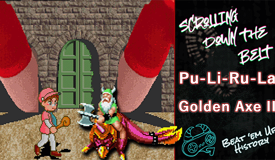 Zach from Pu-Li-Ru-La and Gillius Thunderhead riding on Chicken Leg in between the two giant legs with a door in the middle from an iconic level in Pu-Li-Ru-La