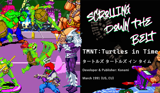 All four Turtles fighting various enemies in the Neon Night Riders level from Turtles in Time