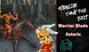 Rastan atop a horse looking serious, staring down Asterix who is just laughing at him